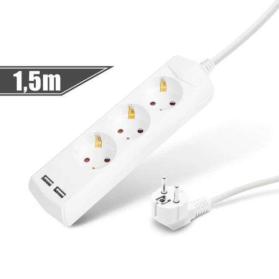 3-as elosztó 1,5 méter 3 x 1,5 mm2 2 db USB