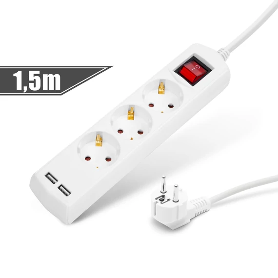 3-as elosztó 1,5 méter 3 x 1,5 mm2 2 db USB kapcsolós