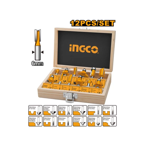 Ingco felsőmaró készlet 12 db d6 mm szárral