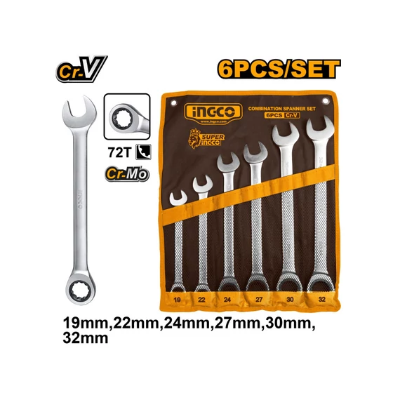 Ingco racsnis csillag-villáskulcs készlet 6 db-os 19-32 mm