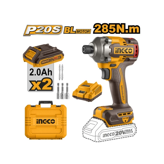 Ingco akkumulátoros ütvecsavarozó 1/4" 285 Nm 20 V 2 x 2,0 Ah