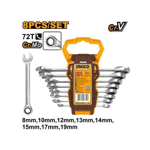 Ingco racsnis csillag-villáskulcs készlet 8 db-os 8-19 mm