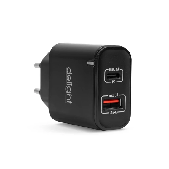 Delight hálózati adapter USB + Type-C PD20W gyorstöltő fekete