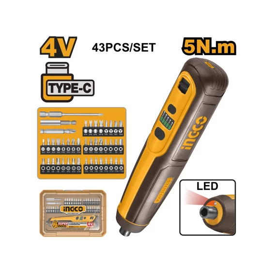 Ingco akkumulátoros csavarozó 4V 5 Nm 43 db-os bit USB-C töltéssel