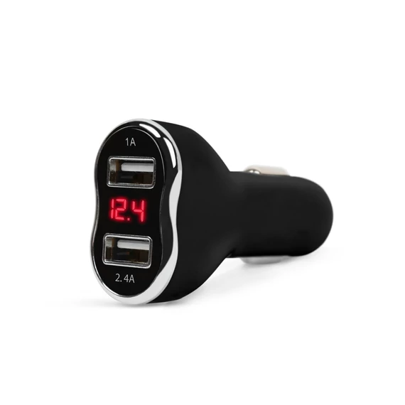 Autós szivargyújtó adapter 2 x USB fekete feszültségmérővel és árammérővel