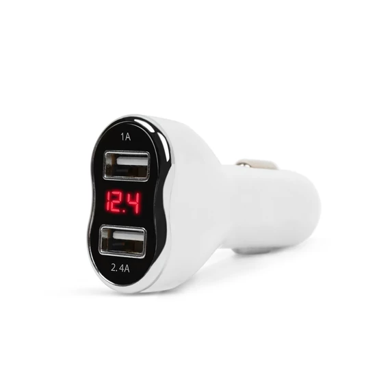 Autós szivargyújtó adapter 2 x USB fehér feszültségmérővel és árammérővel