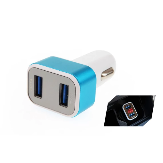 Amio autós telefontöltő 2xUSB + akkumulátor feszültségmérő