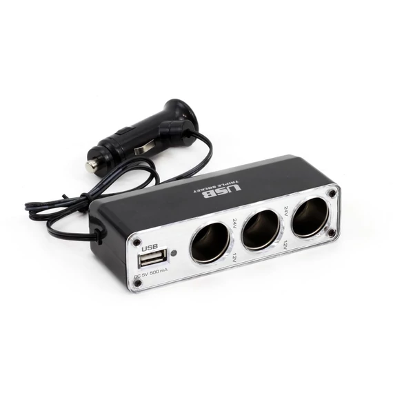 Amio 3-as szivargyújtó elosztó + USB 500 mA-s