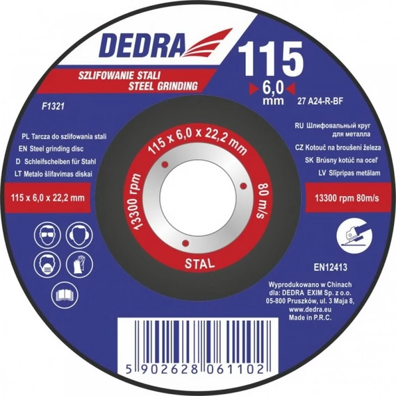 Dedra csiszolókorong 125x6x22.2 mm acélhoz