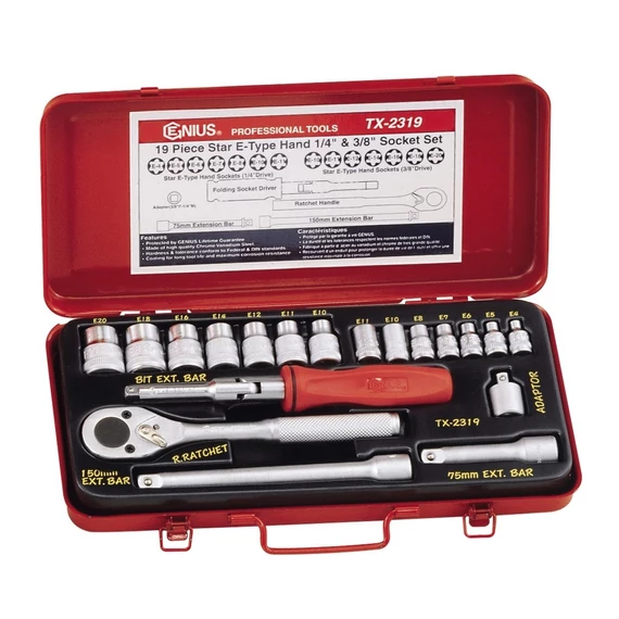 Genius dugókulcs készlet 19 db E4-E11 1/4" E10-E20 3/8" belső torx