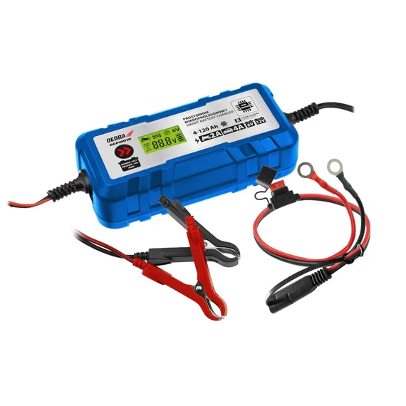 Dedra akkumulátor töltő mikroprocesszoros 2 A / 4 A 6/12 V 4-120 Ah LCD kijelzőv