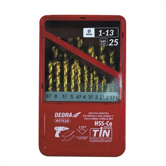 Dedra csigafúró készlet 1.0-13.0 mm 25 db-os 135° HSS-Co kobaltos
