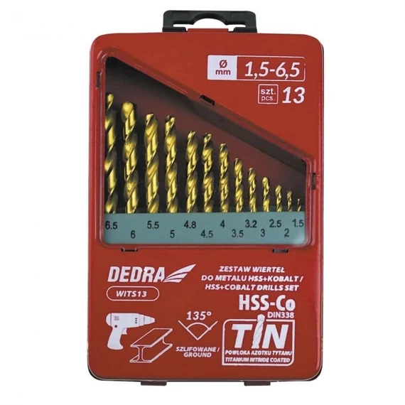 Dedra csigafúró készlet 1.5-6.5 mm 13 db-os 135° HSS-Co kobaltos