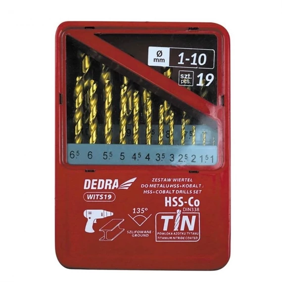Dedra csigafúró készlet 1.0-10.0 mm 19 db-os 135° HSS-Co kobaltos