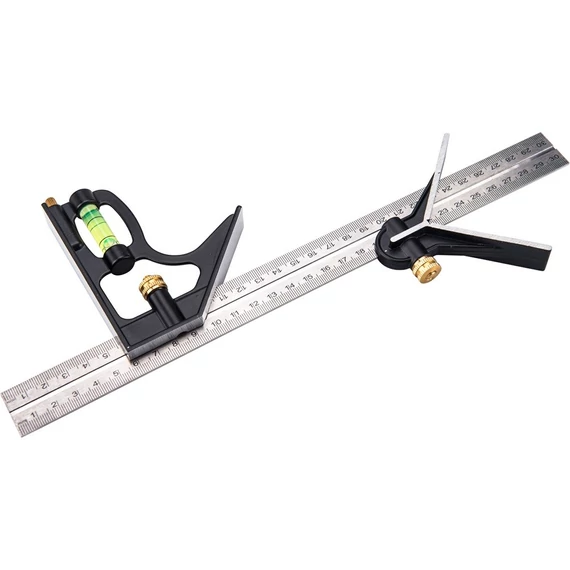 Extol asztalos kombinált derékszög/vízmérték/vonalzó 300 mm 0°-45°-90° beosztás
