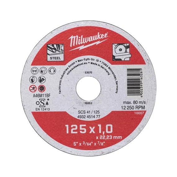 Milwaukee vágókorong fémre 125 x 1,0 x 22,2 mm egyenes